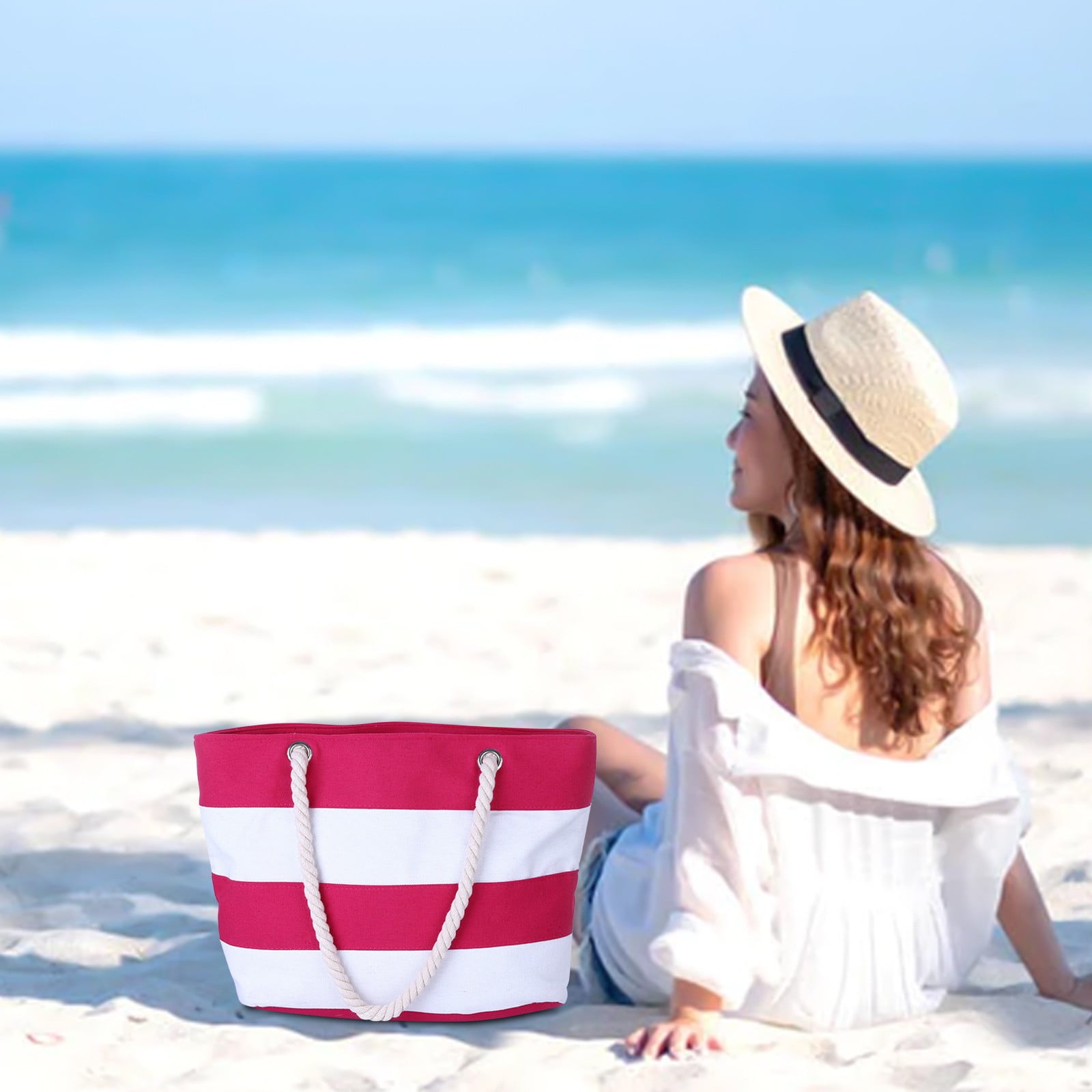 Large Canvas Beach Tote Bag With Waterproof Lining - Striped Blue, 24" X 14" X 7", Zipper Top For Gym & Travel - View #3