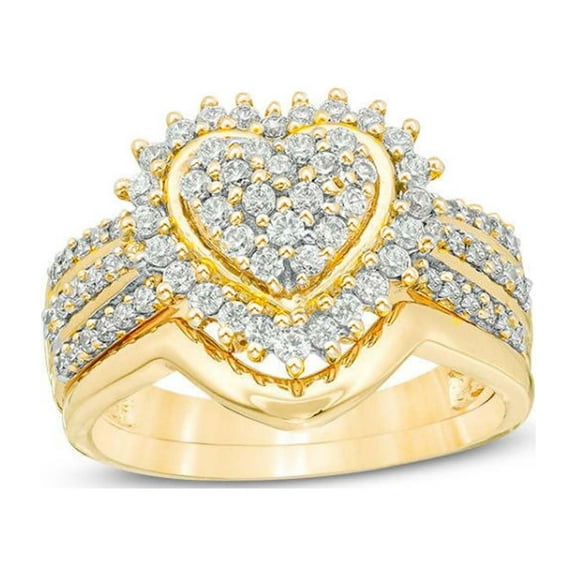 Dreparja Ladies Fashion Wedding Gold Diamond Two Piece Set Wedding Rings for Women Bridal Rings Sets Cut Cubic Zirconia Engagement Rings Under $15