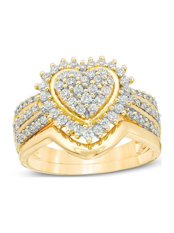 Ladies Fashion Wedding Gold Diamond Two Piece Set Wedding Rings for Women Bridal Rings Sets Cut Cubic Zirconia Engagement Rings Under $15