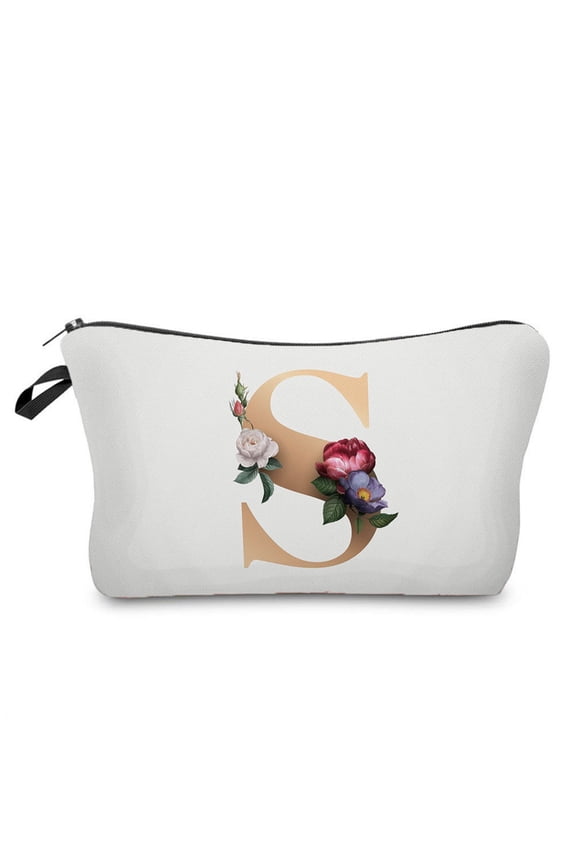 Letter Comestic Travel Bags for Women Gold Alphabet with Flower Makeup Bag Portable Travel Stuff Bag Zipper Toiletry Pouch Personalized Gifts for Women