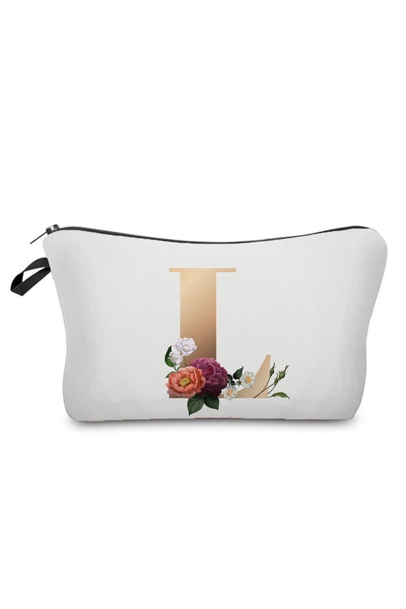 Letter Comestic Travel Bags for Women Gold Alphabet with Flower Makeup Bag Portable Travel Stuff Bag Zipper Toiletry Pouch Personalized Gifts for Women