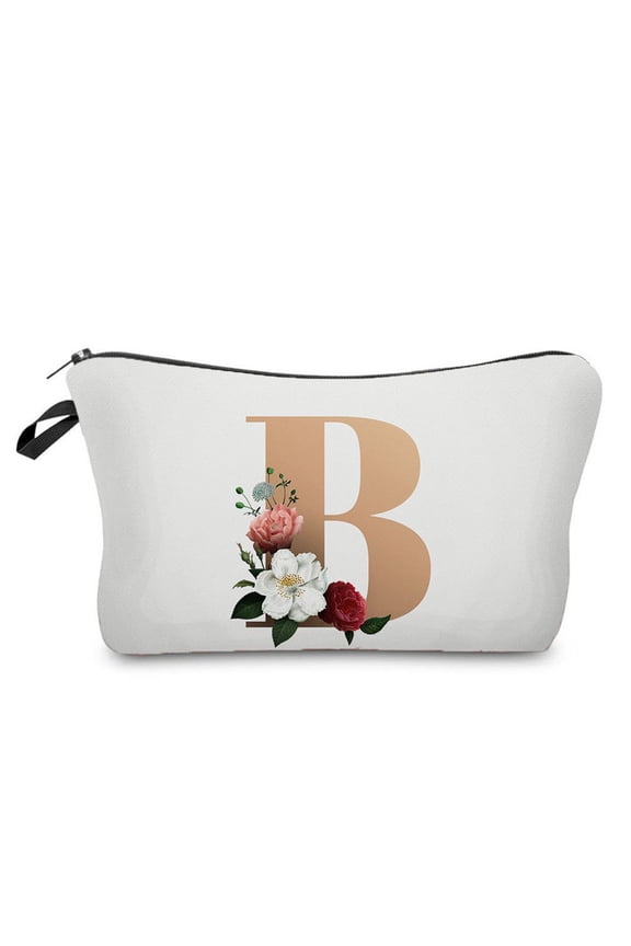 Letter Comestic Travel Bags for Women Gold Alphabet with Flower Makeup Bag Portable Travel Stuff Bag Zipper Toiletry Pouch Personalized Gifts for Women
