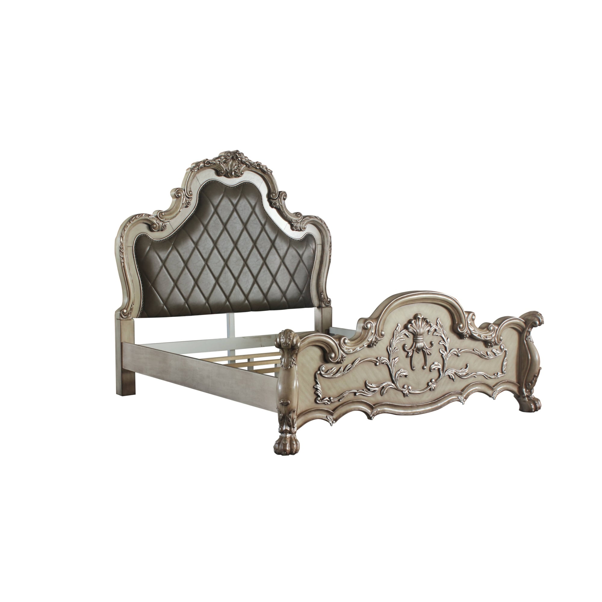 Vintage Bone White California King Bed with Tufted Faux Leather Headboard