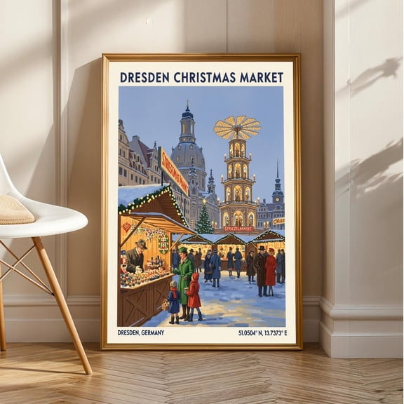 Dresden Market Poster – Vintage Travel Illustration | Blue, Red, Green And Yellowart | Living Room Or Office Decor, Unframed Poster Size 24x36