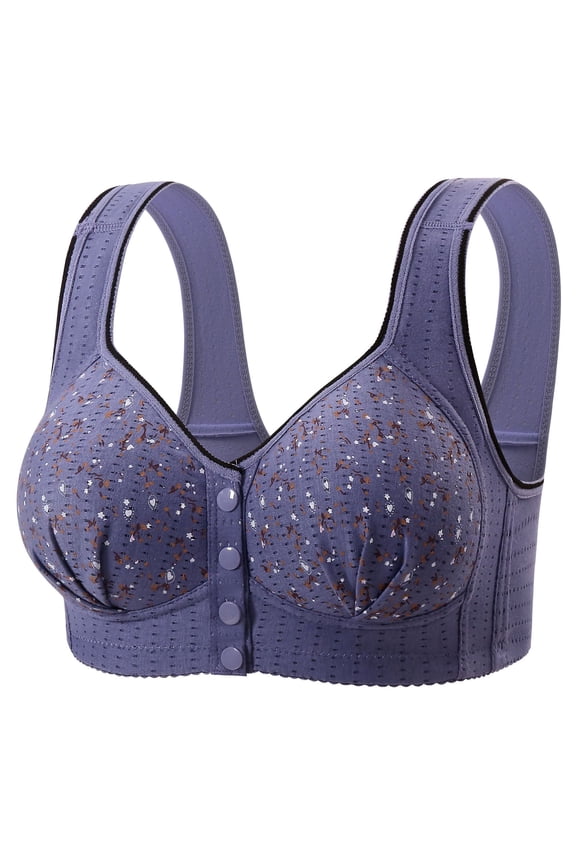 2026 Daisy Bras for Older Women No Underwire Full Coverage Front Closure Senior Cotton Bra Push Up Padded Bralettes Blue 50