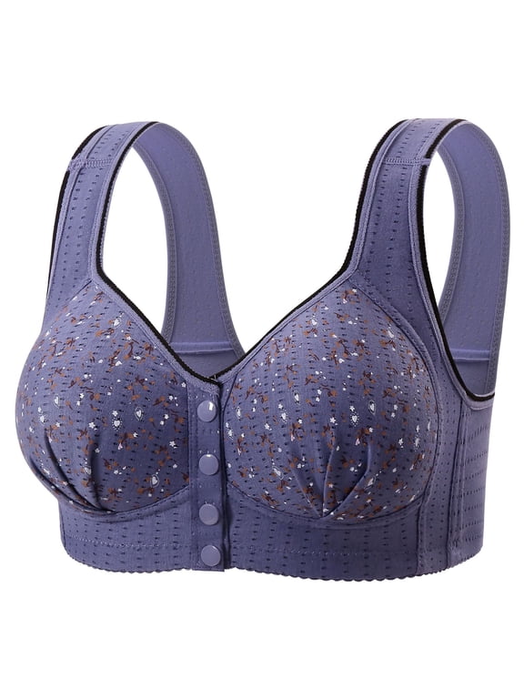 2026 Daisy Bras for Older Women No Underwire Full Coverage Front Closure Senior Cotton Bra Push Up Padded Bralettes Blue 50