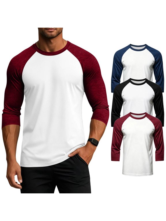 3pcs Raglan Shirts Men Crew Neck 3/4 Sleeve Baseball Tee 2026 Breathable Casual Tops Lightweight Lightweight Lounge Athletic T Shirts Wine