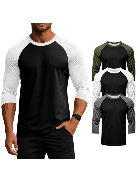 3pcs Raglan Shirts Men Crew Neck 3/4 Sleeve Baseball Tee Summer Lightweight Casual T Shirts Colorblock Lounge Lightweight Vintage Tops White