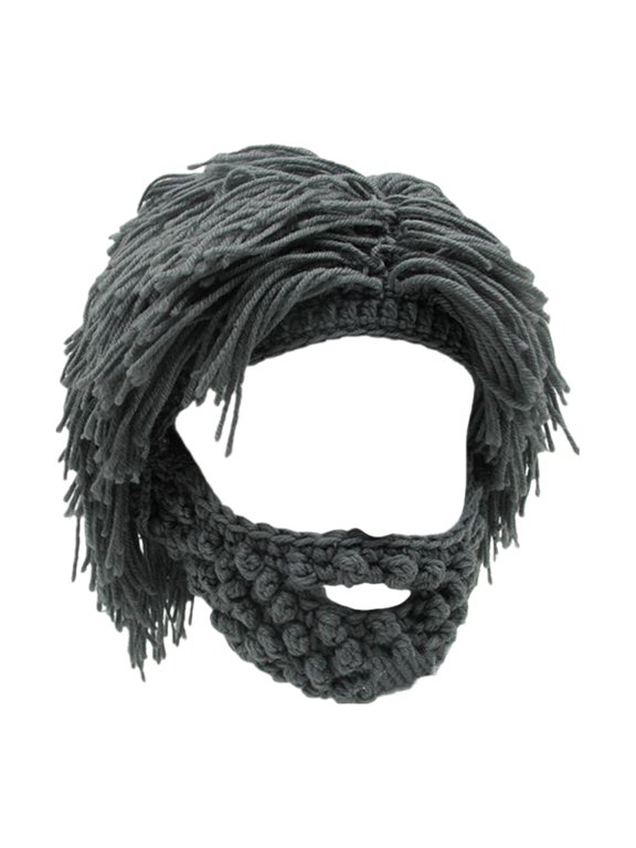 Acrylic Punk Style Beanie with Attached Straight Hair Wig and Knitted Beard, Funny Novelty Beard Hat for Men & Women Dark Gray