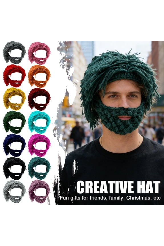 Acrylic Punk Style Beanie with Attached Straight Hair Wig and Knitted Beard, Funny Novelty Beard Hat for Men & Women Turquoise