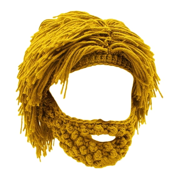 Dresfit Acrylic Punk Style Beanie with Attached Straight Hair Wig and Knitted Beard, Funny Novelty Beard Hat for Men & Women Yellow
