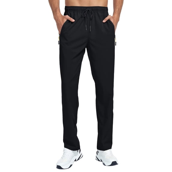 Dresfit Athletic Pants Mens Quick Dry Waterproof Sweatpants Flex Big and Tall Exercise Joggers Open Bottom Elastic Waist Running Trousers with Zipper Pockets Black XL
