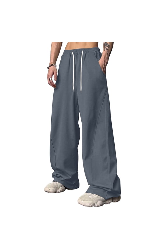 Baggy Pants Men Uncuffed Wide Leg Trousers Elastic Waist Long Drawstring Sweatpants Open Bottom Straight Leg Loose Y2k Joggers with Pockets Dark Gray L
