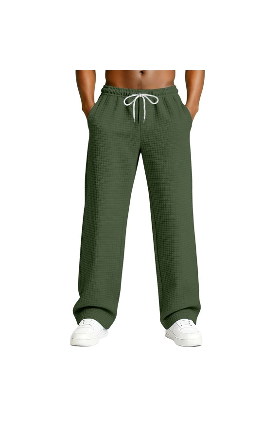 Baggy Pants for Men Wide Leg Lounge Sweatpants Spring Drawstring Waffle Knit Textured Slacks 2026 Solid Relaxed Fit Knitted Pant with Pockets Army Green XL
