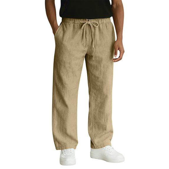 Dresfit Baggy Pants Mens Open Bottom Linen Trousers Drawstring Lightweight Work Pant Summer Spring Breathable Relaxed Fit Elastic Waist Beach Sweat Pants Khaki M