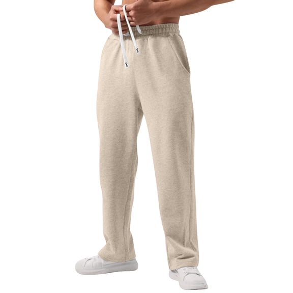 Dresfit Baggy Sweatpants for Men Wide Leg Pants 2026 Straight Leg Drawstring Running Pant Open Bottom Cotton Solid Athletic Joggers with Pockets Beige 3XL