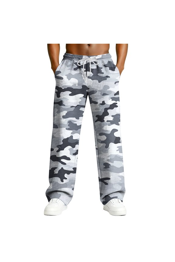 Baggy Sweatpants Mens Camo Wide Leg Pants Sumemr Textured Drawstring Waffle Knit Pant 2026 Solid Straight Leg Lounge Trousers with Pockets Gray L