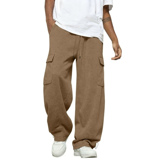 Dresfit Baggy Sweatpants Mens Cargo Wide Leg Trousers Fleece Drawstring Open Bottom Joggers Loose Cotton Gym Pants with Pockets Khaki 2XL