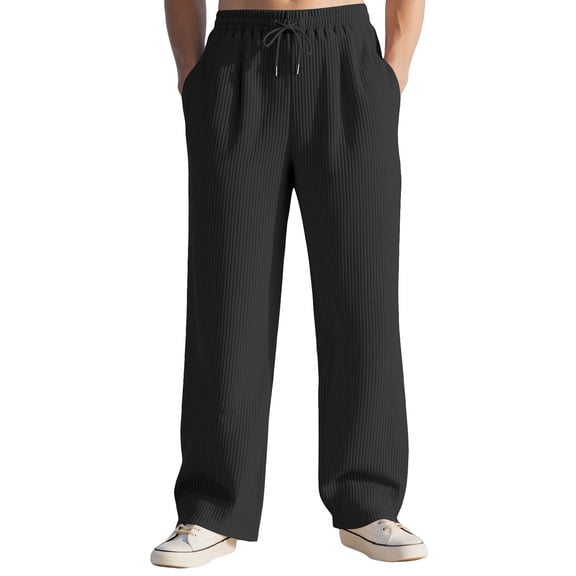 Dresfit Baggy Sweatpants Mens Spring Corduroy Lounge Pants Ribbed Knit Drawstring Y2k Joggers Summer Relaxed Fit Straight Leg Textured Trousers with Pockets Black XL