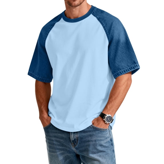 Dresfit Baseball Shirts for Man Short Sleeve Golf Shirts Patchwork Crewneck Raglan Denim Shirt 2026 Summer Big and Tall Washed Lightweight Atheletic T Shirts Light Blue M
