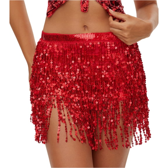 Dresfit Belly Dance Outfit for Woman Tassels Sequin Skirt Paillette Sparkly Mardi Gras Holiday Skirt with Rhinestones Shiny Wrap Skirt for Carniva Holiday Party Red One Size