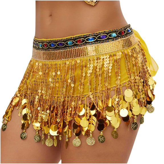 Dresfit Belly Dance Outfit Womens Sparkly Sequin Skirt Tassels Paillette Mardi Gras Holiday Skirt for Carniva Holiday Party Glitter Dance Skirt with Rhinestones Yellow One Size