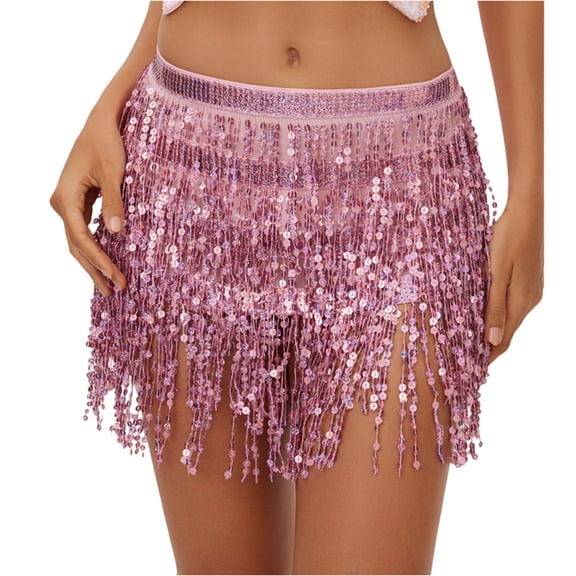 Dresfit Belly Dance Skirt Women Paillette Sequin Outfit Tassels Sparkly Mardi Gras Holiday Skirt with Rhinestones Shiny Wrap Skirt for Carniva Holiday Party Pink One Size