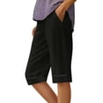 thumbnail image 1 of Dresfit Bermuda Shorts Women Knee Length Linen Shorts 2026 Summer Solid Baggy Cropped Pants Beach Elastic Waist Loose Pedal Pushers with Pockets Black 2XL, 1 of 5