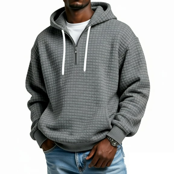Dresfit Big and Tall Hoodies Men Quarter Zip Pullover with Kangaroo Pocket Plain Waffle Knit Drawstring Sweatshirt Long Sleeve Hooded Running Hoodie Gray 4XL