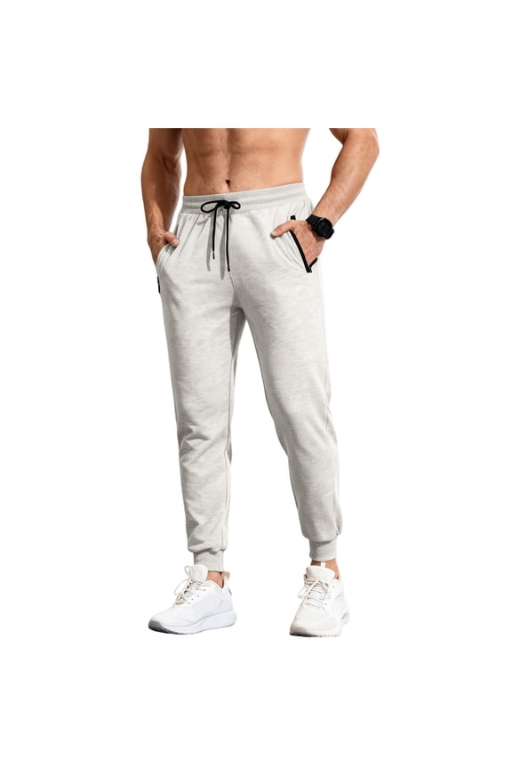 Big and Tall Joggers Mens Long Cuffed Sweatpants Fleece Lined Breathable Gym Slim Fit Sweat Pants Thermal Lightweight Running Track Pants with Pockets White L