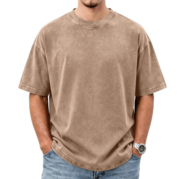 Dresfit Big and Tall Shirt Men Short Sleeve Crew Neck Hawaiian Streetwear Summer 2026 Acid Wash Retro Relaxed Fit Beach Tees Loose Fit Baggy T Shirts Khaki L