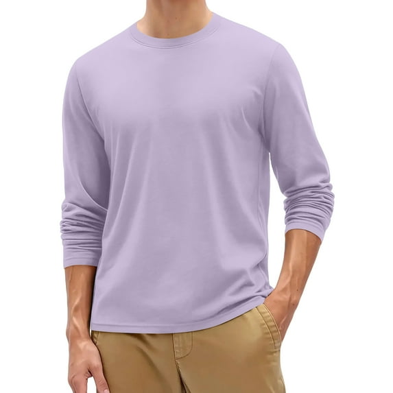 Dresfit Big and Tall Shirts Men Long Sleeve Thermal Tops Fall Loose Fit Crew Neck Solid Color Muscle Shirt 2025 Knit Button Stretch Fashion Light Purple 3XL