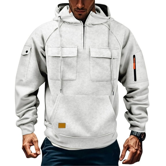 Dresfit Big and Tall Sweatshirts for Men Long Sleeve Tactical Pullover Hooded Fleece Workout Hoodies Fall Winter Zip Up Multi Pockets Cargo Sweatshirt White 4XL