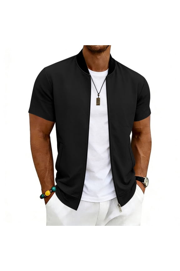 Bomber Jacket Mens Slim Fit Short Sleeve Windbreaker Jackets Summer 2026 Stand Collar Sports Coat Zip Up Lightweight Outwear with Pockets 3XL