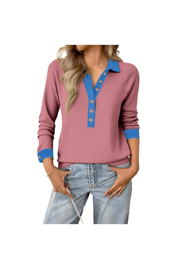 Button Down Shirts for Women Long Sleeve Polo Shirt 2026 Denim Collared V Neck Vintage Blouses Summer Button Up Patchwork Retro Tops Pink 2XL