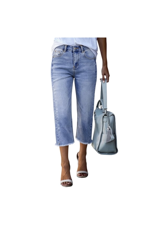 Capri Jeans Womens Slim Fit Frayed Ripped Petite Pants 2026 Summer Denim Straight Leg Stretch Y2k Streetwear with Pockets Light Blue L