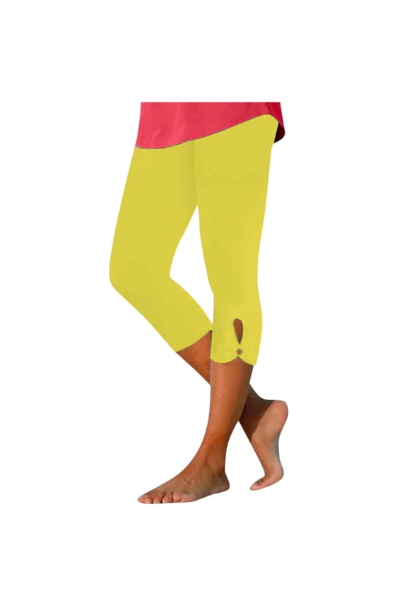 Capri Leggings Womens Plus Size Quick Dry Compression Tights Summer 2026 Stretch Athletic Gym Pants Seamless Elastic Lounge Capris Yellow M