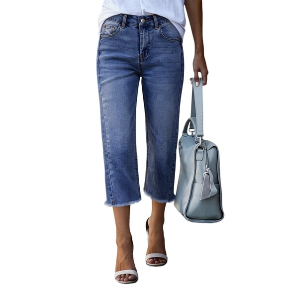 Dresfit Capri Pants for Women High Waisted Denim Petite Jeans 2026 Summer Frayed Ripped Straight Leg Raw Hem Y2k Streetwear with Pockets Sky Blue 2XL