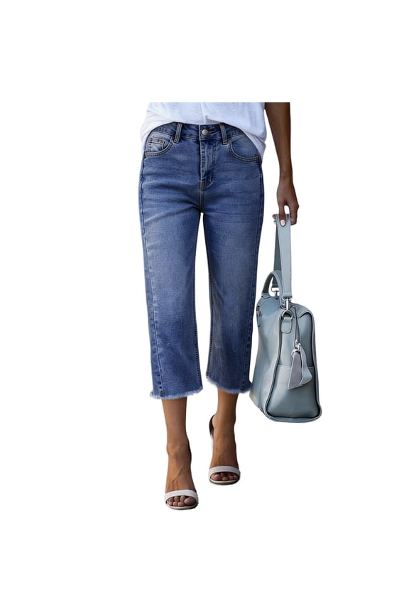 Capri Pants for Women High Waisted Denim Petite Jeans 2026 Summer Frayed Ripped Straight Leg Raw Hem Y2k Streetwear with Pockets Sky Blue 2XL