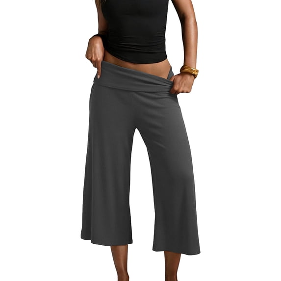 Dresfit Capris for Women Wide Leg Low Rise Cropped Pants Summer 2026 Flowy Lounge Yoga Culottes Loose Plus Size Fold Over Waist Y2k Trousers 2XL