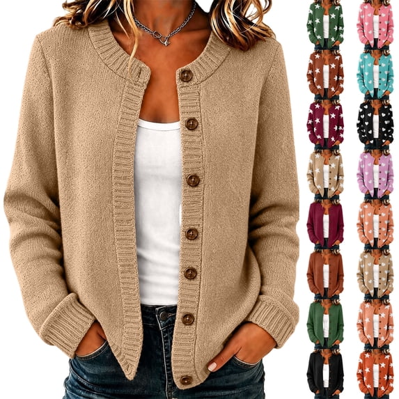 Dresfit Cardigan Sweaters for Women Crew Neck Knit Chunky Tops Sweater Button Down Long Sleeve Casual Blouses Fall Winter Fleece Knitted Coats L