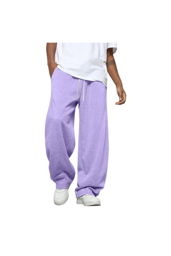 Cargo Joggers for Men Baggy Wide Leg Pants Cotton Drawstring Open Bottom Sweatpants Heavyweight Loose Lounge Trousers with Pockets Light Purple XL