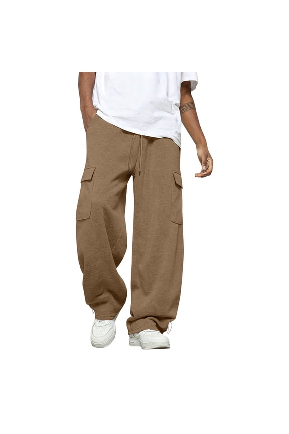 Cargo Joggers Men Baggy Wide Leg Trousers Cotton Drawstring Open Bottom Sweatpants Loose Heavyweight Gym Pants with Pockets Khaki M