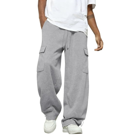 Dresfit Cargo Sweatpants Men Baggy Wide Leg Trousers Fleece Open Bottom Drawstring Joggers Heavyweight Loose Hiking Pants with Pockets Light Gray 2XL