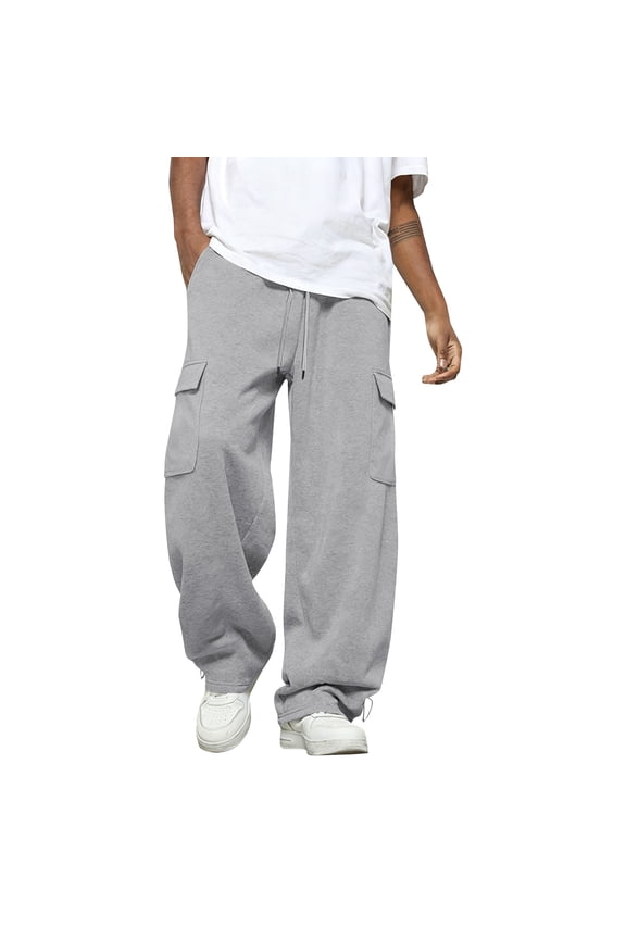 Cargo Sweatpants Men Baggy Wide Leg Trousers Fleece Open Bottom Drawstring Joggers Heavyweight Loose Hiking Pants with Pockets Light Gray 2XL