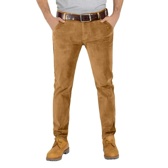 Dresfit Chinos Pants for Men Elastic Waist Stretch Corduroy Pants Pleated Front Work Dress Pants Slim Fit Big and Tall Lounge Straight Leg Slacks (no belt) Khaki 36