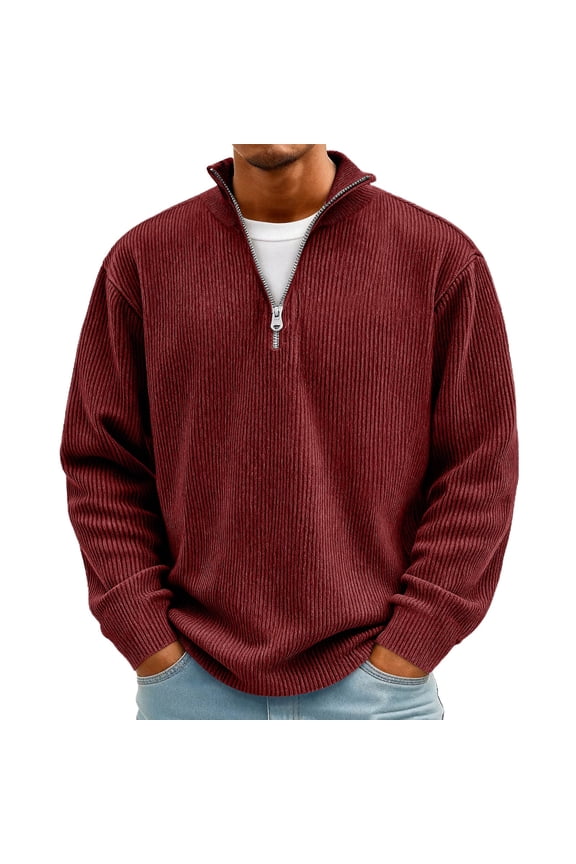 Corduroy Shirt Men Big and Tall Quarter Zip Sweatshirts Henley Textured Fleece Shirts Long Sleeve Loose Lightweight Polo Shirt Wine M
