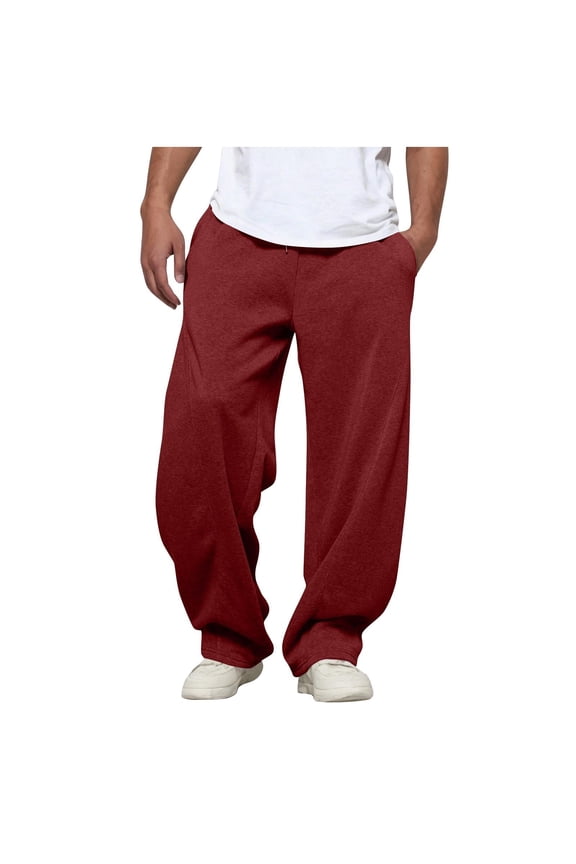 Cotton Pants Men Drawstring Big and Tall Wide Leg Joggers Open Bottom Solid Color Baggy Sweatpants Straight High Rise Gym Travel Pants Wine 2XL