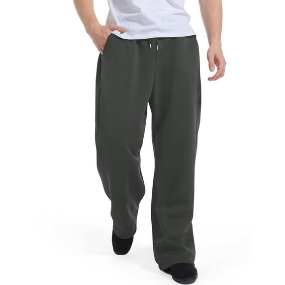 Dresfit Cotton Pants Mens Solid Color Elastic Waist Wide Leg Sweatpants Open Bottom Drawstring Loose Fit Joggers Straight Lounge Cotton Track Pants Dark Gray S