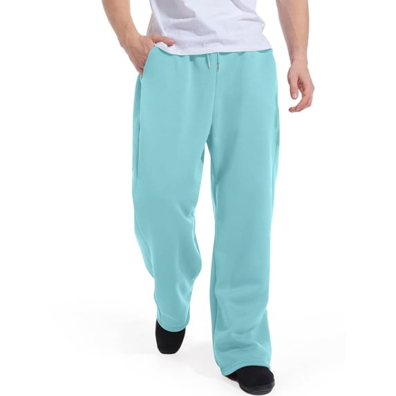 Dresfit Cotton Sweatpants for Men Drawstring Loose Fit Wide Leg Joggers Solid Color Open Bottom Elastic Waist Pants High Rise Pull on Athletic Travel Pants Cyan XL